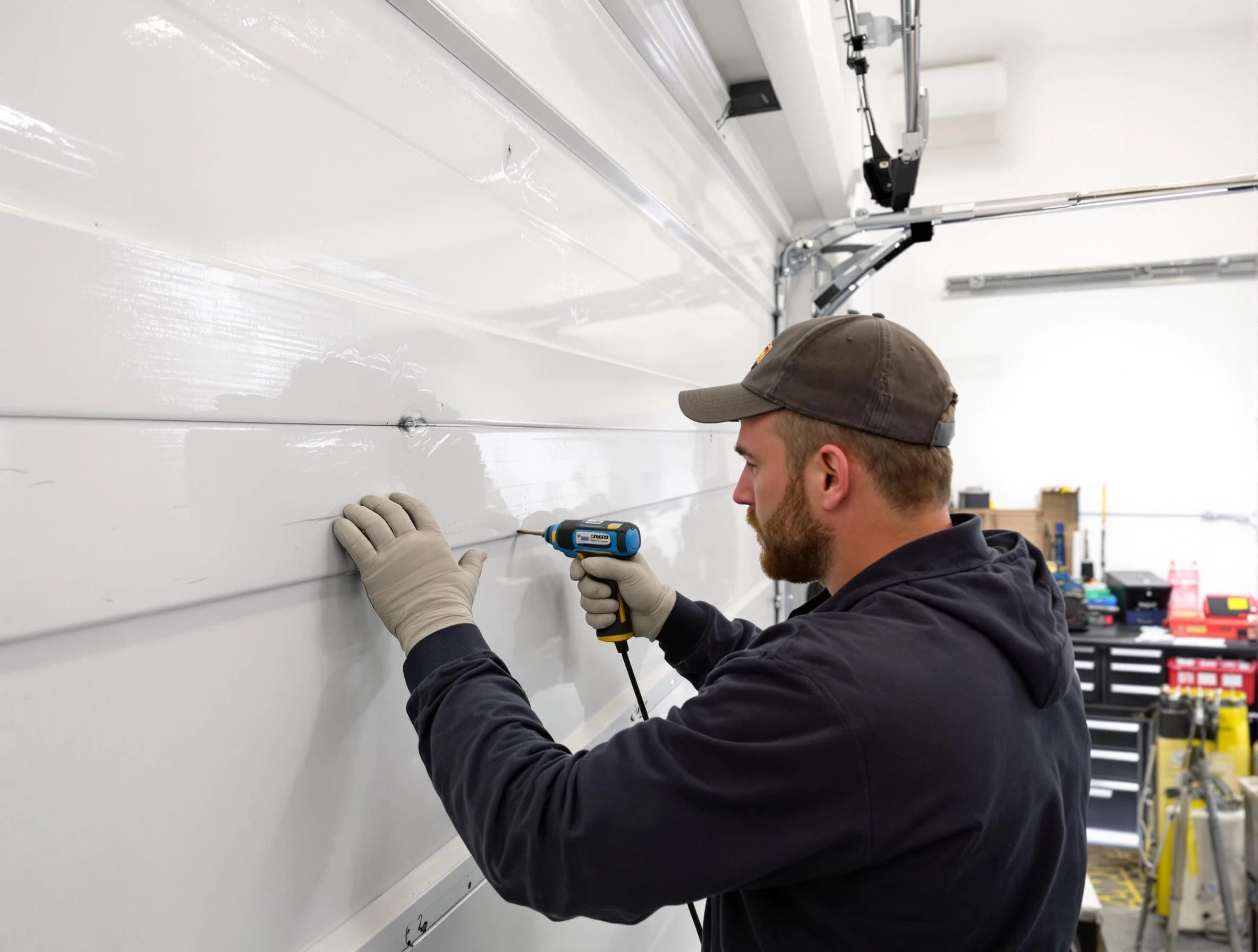 Boulder Garage Door Repair technician demonstrating precision dent removal techniques on a Boulder garage door